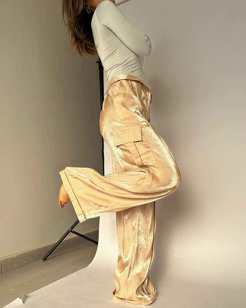 Round Neck Long Sleeve Top Flash Pants Two Piece Suit