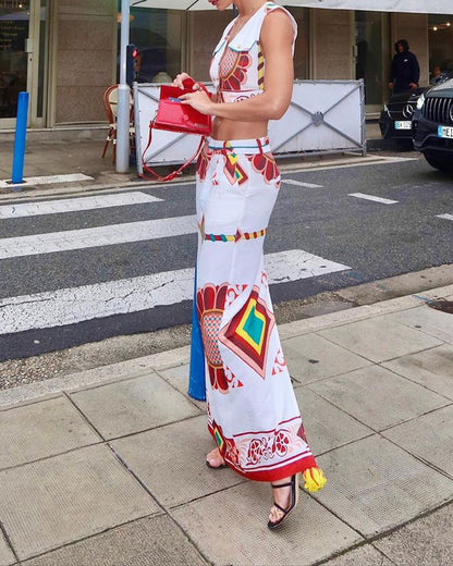 Printed Button Top and Skirt Two-piece Suit