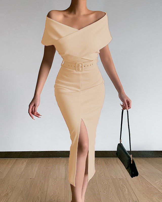 Elegant commuting simple off-the-shoulder belt slit dress