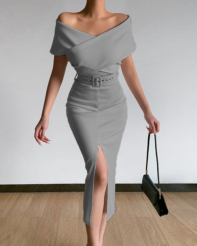 Elegant commuting simple off-the-shoulder belt slit dress