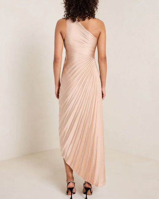 One-shoulder pleated satin dress