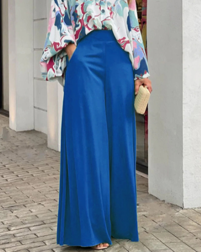 Casual Print Shirt & Wide Leg Pants Two-Piece Set