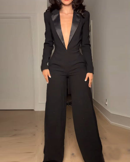 Long-sleeved V-neck waist jumpsuit