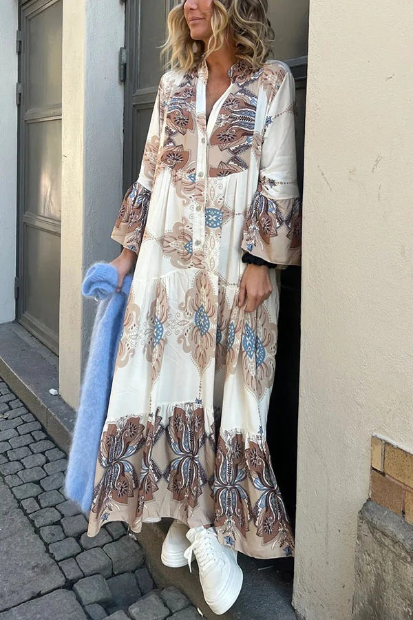 Gracie Paisley Print Button Up Bell Sleeve A-line Maxi Dress