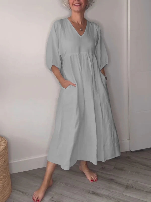 Women's V-neck Solid Color Mid-length Sleeve Dress gray