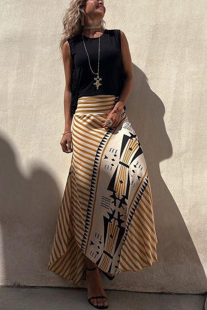 Eva Satin Geometric Print Elastic Waist Maxi Skirt