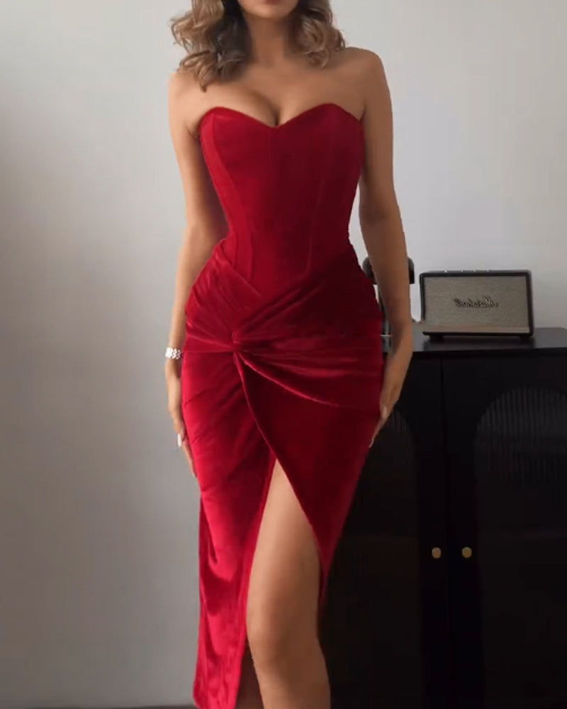 Elegant Strapless Twisted Solid Color Dress