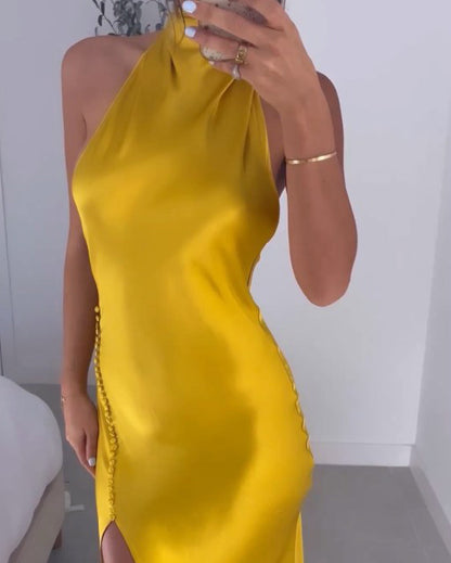 Elegant One Shoulder Solid Color Slit Dress