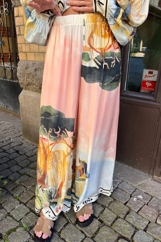 Ellison Unique Print Elastic Waist Pocketed Wide Leg Pants