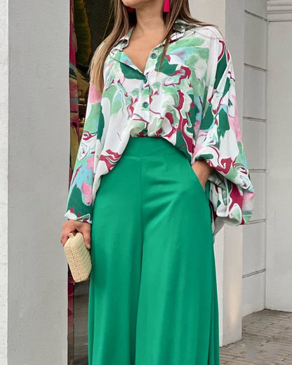 Casual Print Shirt & Wide Leg Pants Two-Piece Set