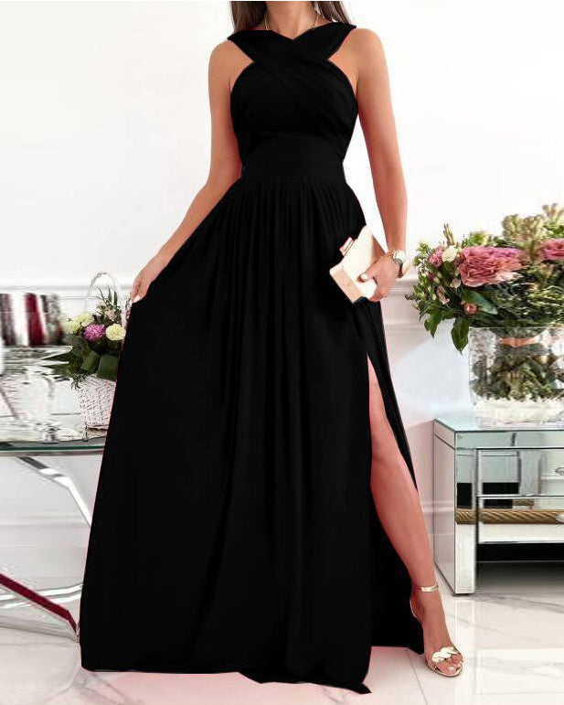 Sleeveless cross sexy open back slit dress