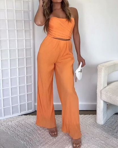 Pleated Tube Top and Pants Two-piece Set