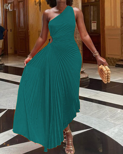 One-Shoulder Cutout Pleated Gown Dress