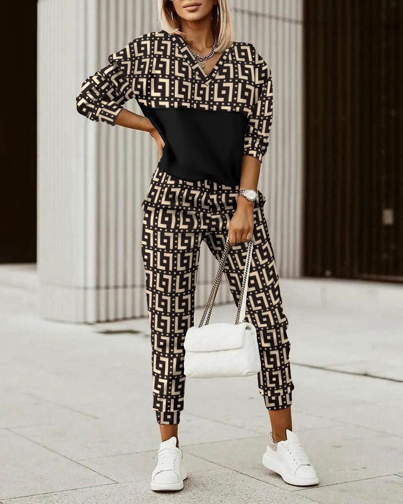 Plaid Print V-Neck Top Pants Two-Piece Set