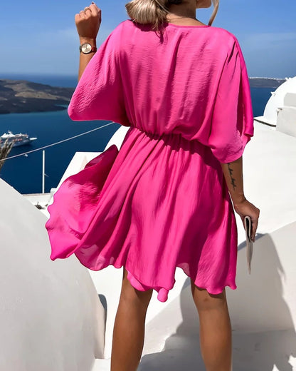 Elegant Solid Color V-neck Loose Dress