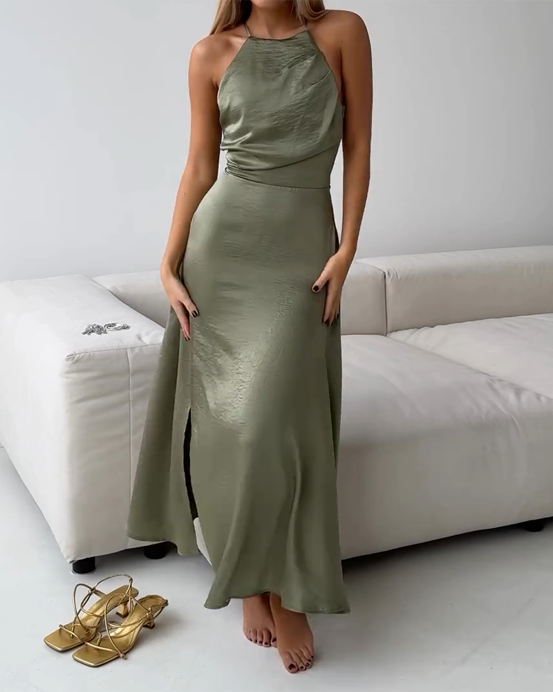 Halter Neck Pleated Solid Color Dress