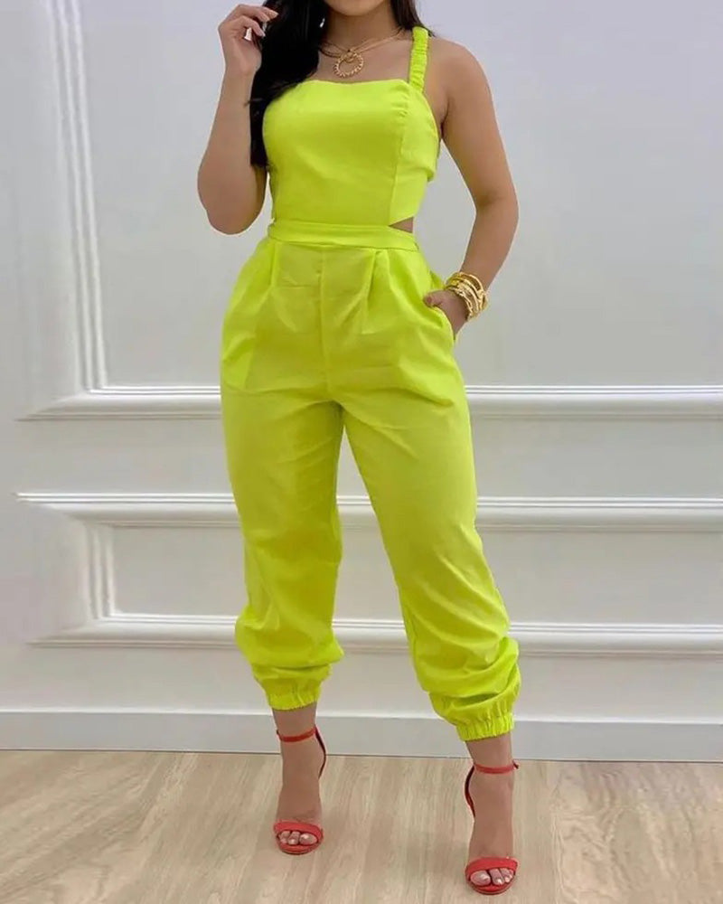 Jumpsuit mit offenem Rücken und hoher Taille und Strapsen 