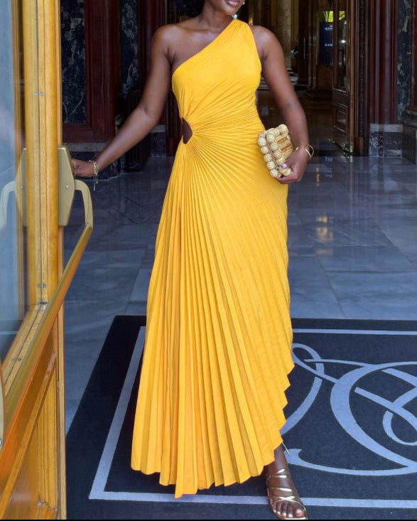 One-Shoulder Cutout Pleated Gown Dress