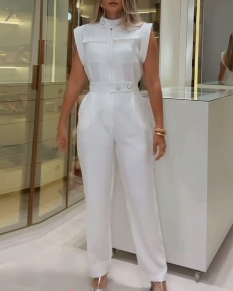 Sleeveless solid color waisted jumpsuit