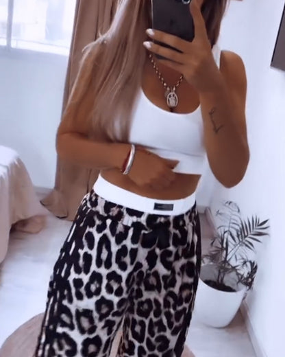 Sleeveless solid color top leopard print pants two piece set