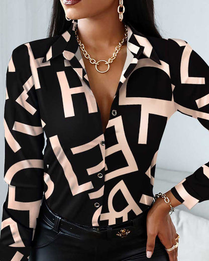 Long Sleeve Letter Print Lapel Blouse