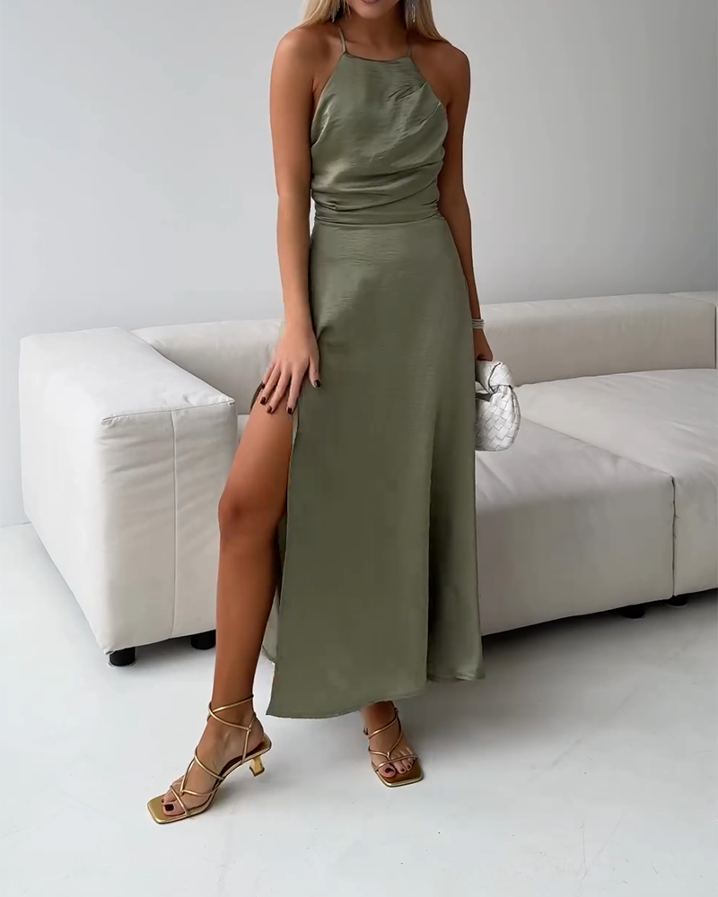 Halter Neck Pleated Solid Color Dress