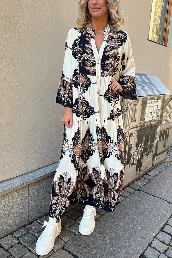 Gracie Paisley Print Button Up Bell Sleeve A-line Maxi Dress