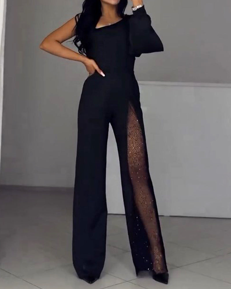 One-shoulder solid color jumpsuit