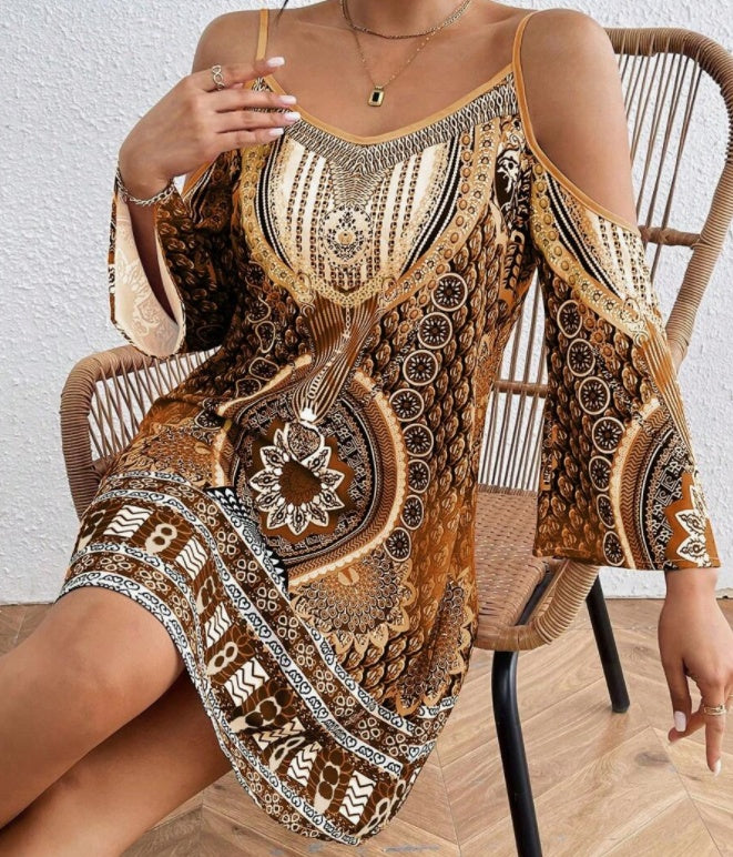 Bedrucktes schulterfreies Kleid im Retro-Stil für Damen