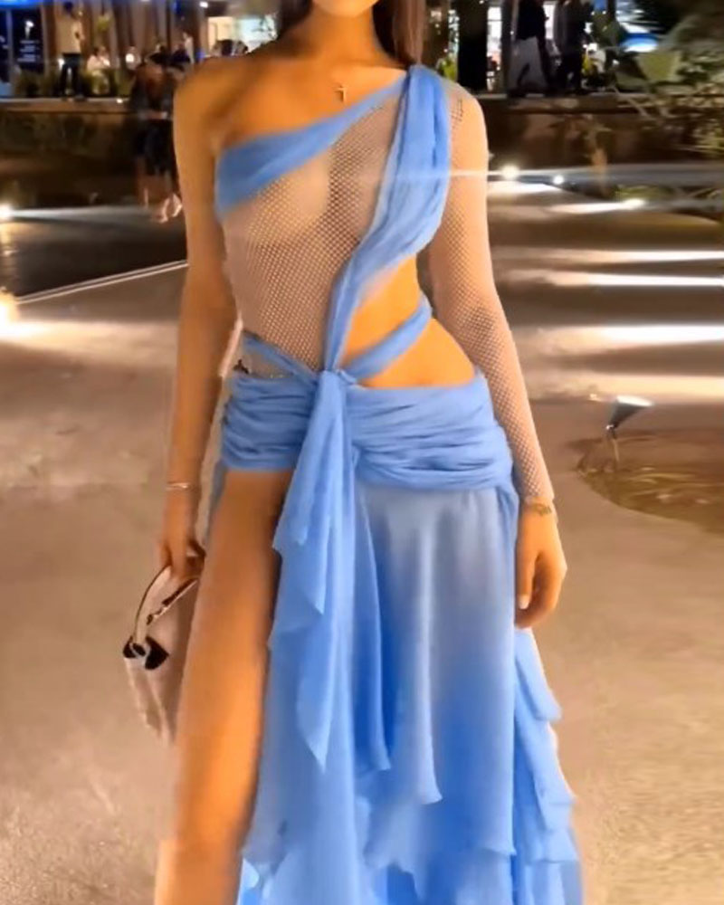 One shoulder solid color slit dress