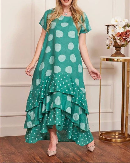 Robe longue à pois et manches courtes et col rond 