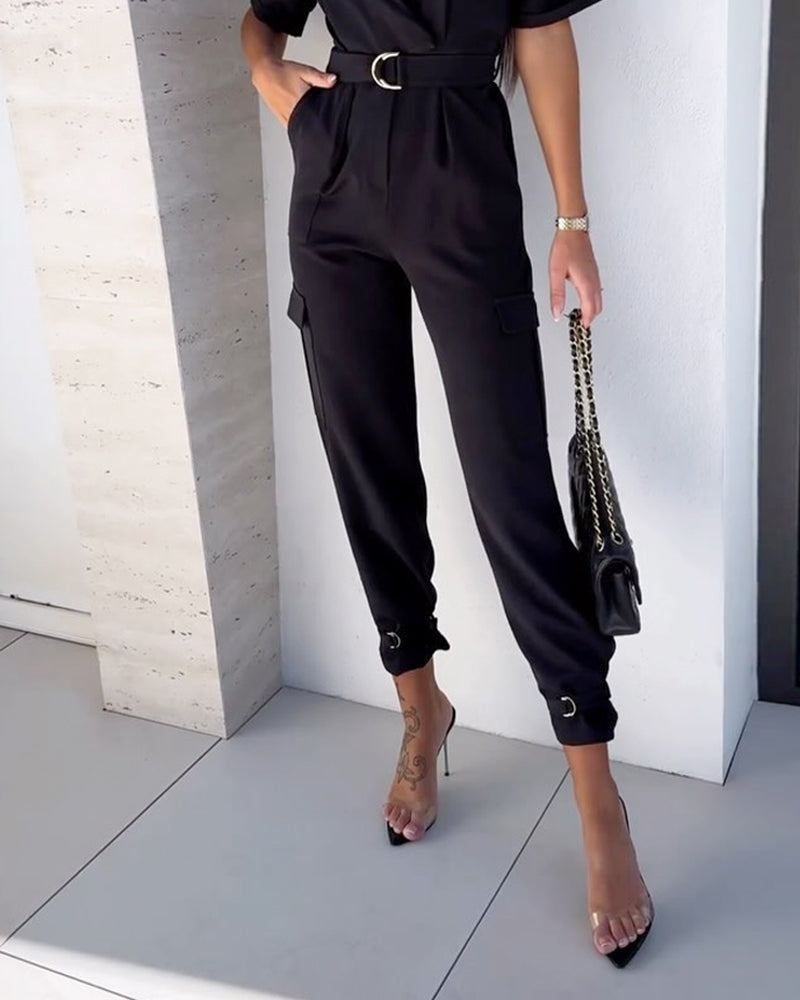 Lapel casual solid color jumpsuits