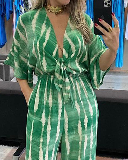 Lace-up Printed Loose Jumpsuit