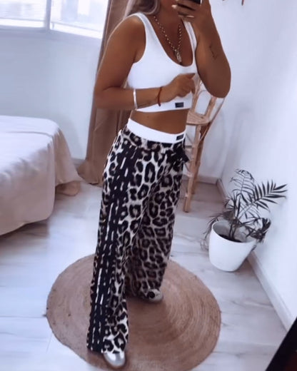 Sleeveless solid color top leopard print pants two piece set