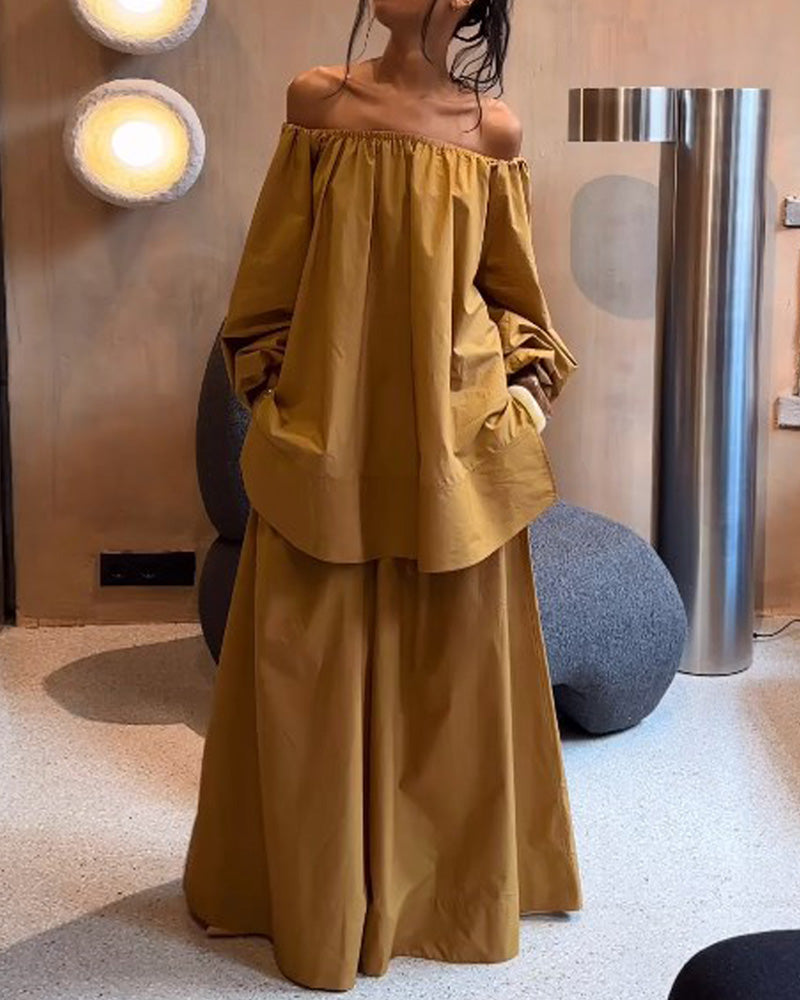 One-shoulder solid color loose two-piece suit