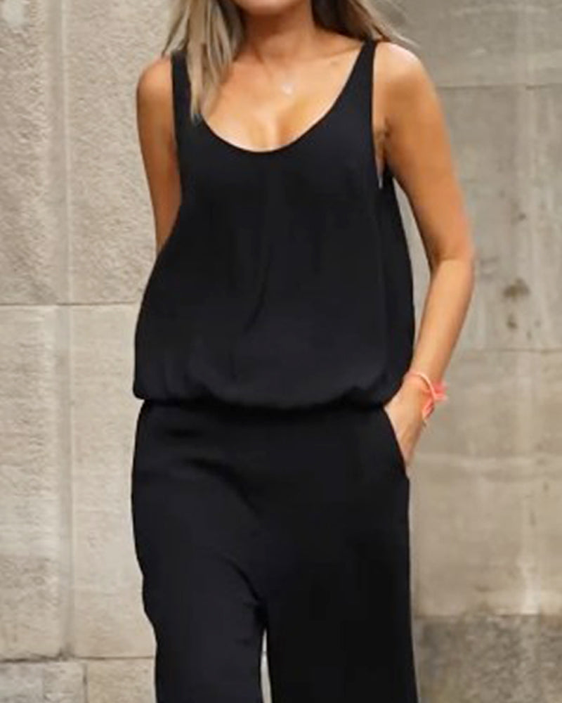 Sleeveless hollow solid color jumpsuit