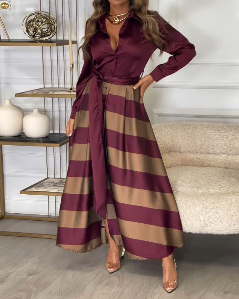 Lapel Long Sleeve Tie Dress