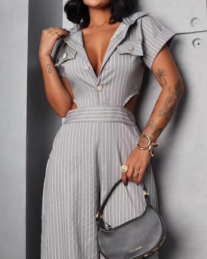 Lapel striped print cutout jumpsuit