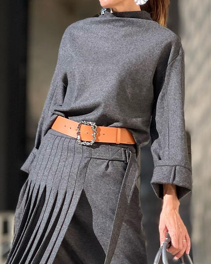 Round Neck Long Sleeve Top Pleated Skirt Two-Piece Set Excluding Belt