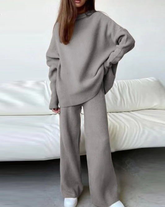 Knit solid color casual two-piece suit with high neck