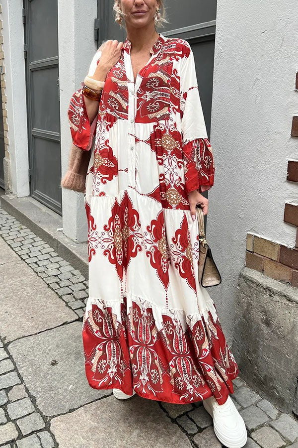 Gracie Paisley Print Button Up Bell Sleeve A-line Maxi Dress