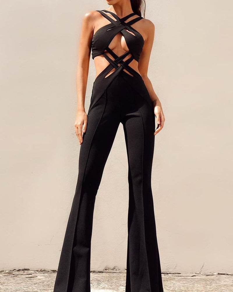 Sleeveless Hollow Cross Solid Color Jumpsuit