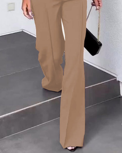 Solid Color Jacket & High Waist Straight Pants Set