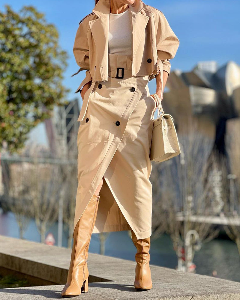 Long Sleeve Lapel Top and Skirt Two Piece Suit(raw edge design)