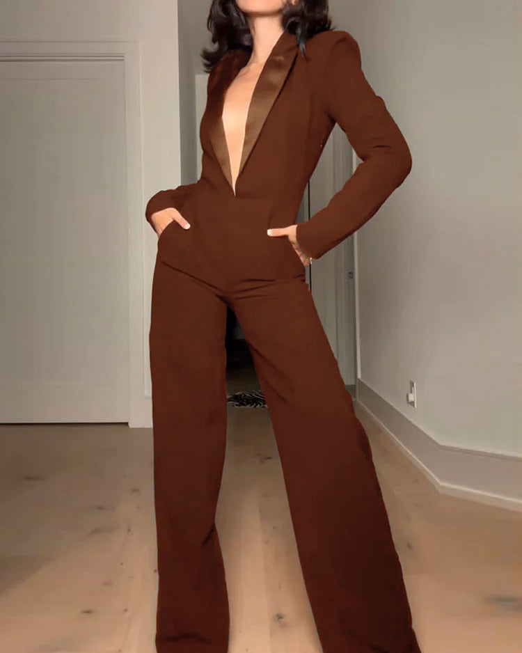 Long-sleeved V-neck waist jumpsuit