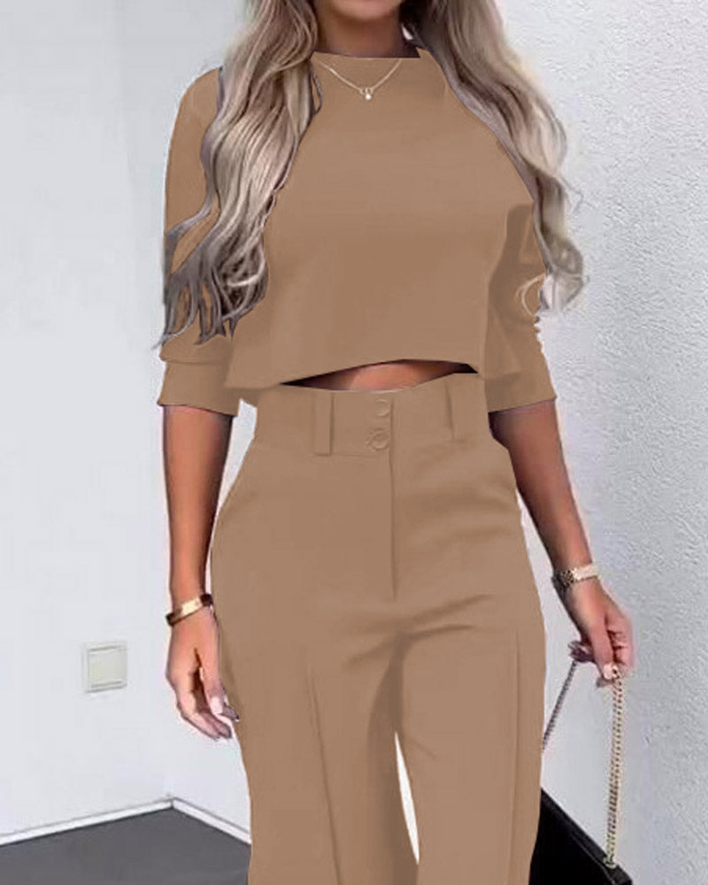 Solid Color Jacket & High Waist Straight Pants Set