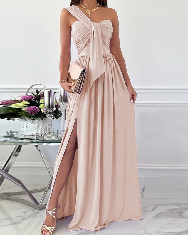 Sleeveless Off Shoulder Slit Hem Dress