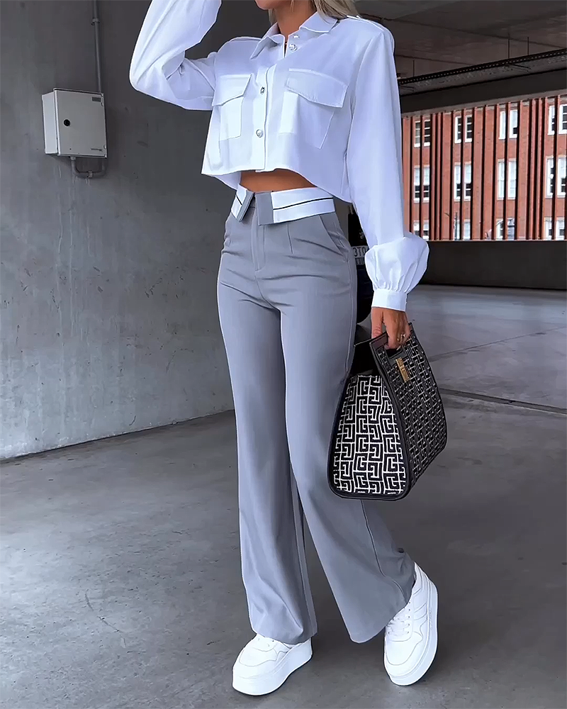 Lapel Long Sleeve Top and Pants Two-Piece Suit