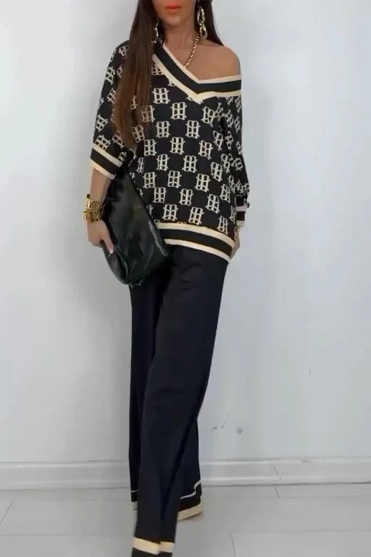 Casual print V-neck set Black