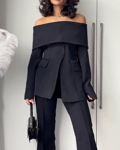 off shoulder solid color two piece suit